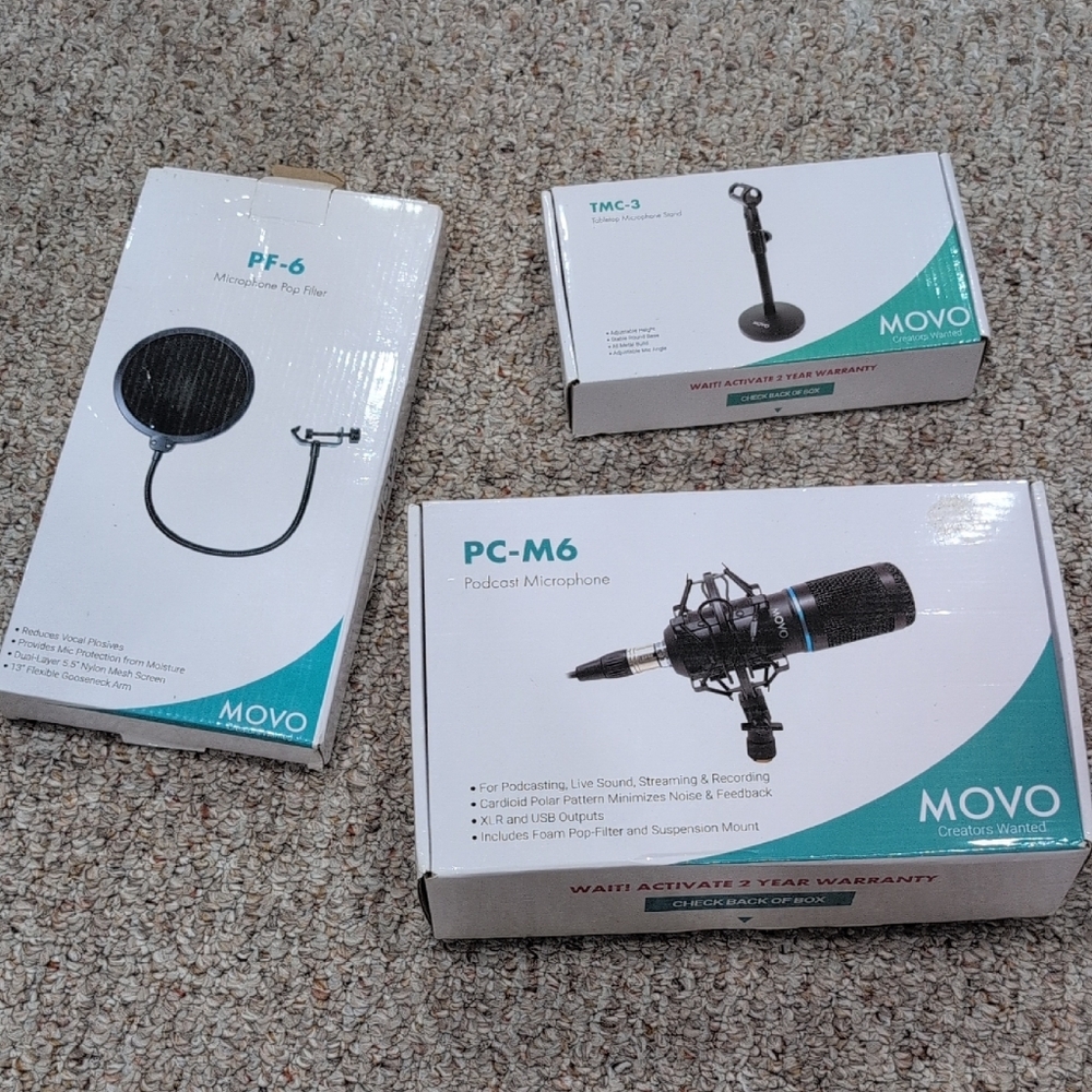 MOVO 1-Pack PC-M6 Podcast Microphone Kit with Stand and Pop Filter - Black